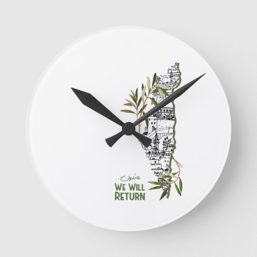 オリーブの枝に囲まれたマップ内の家 ラウンド壁時計 (正面)