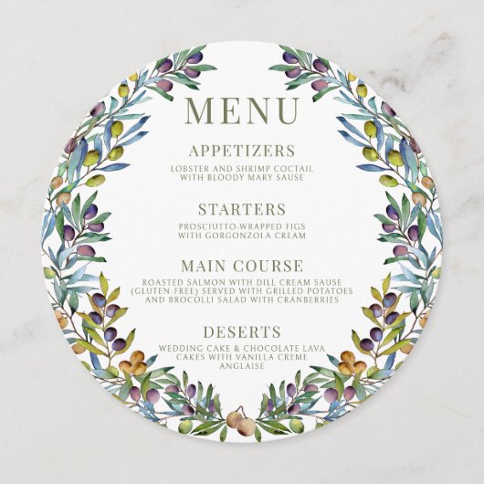 オリーブの枝のイタリアンboho丸いメニューカードプレート メニュー (正面)