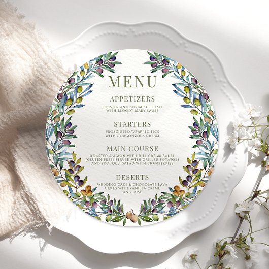 オリーブの枝のイタリアンboho丸いメニューカードプレート メニュー
