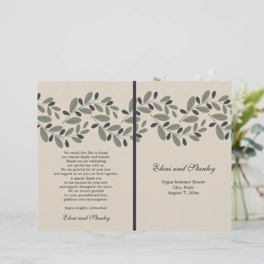 オリーブの枝のガーランドとリースの結婚式プログラム (スタンド正面)