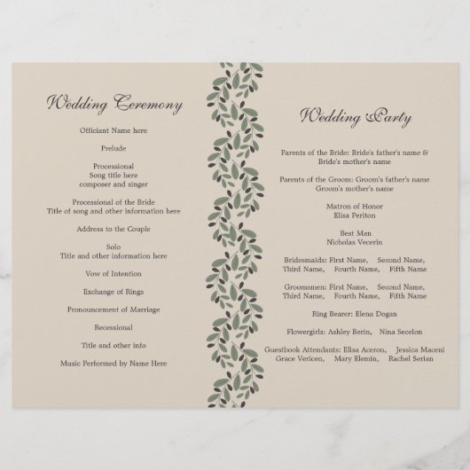 オリーブの枝のガーランドとリースの結婚式プログラム (裏面)