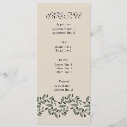オリーブの枝のガーランドとリース結婚のメニューカード メニュー (裏面)