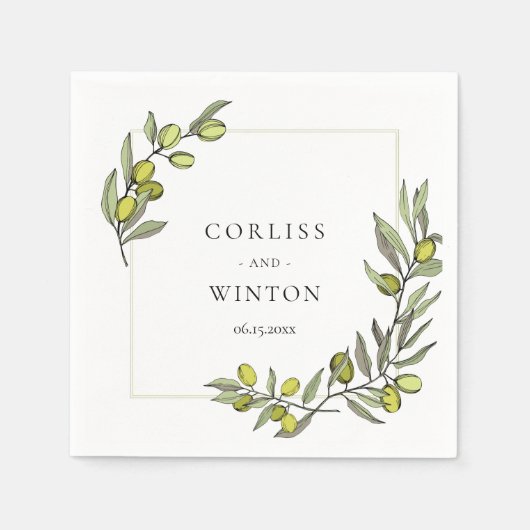 オリーブの枝のフレーム結婚のナプキン スタンダードカクテルナプキン (正面)
