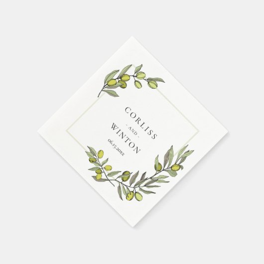 オリーブの枝のフレーム結婚のナプキン スタンダードカクテルナプキン (角)