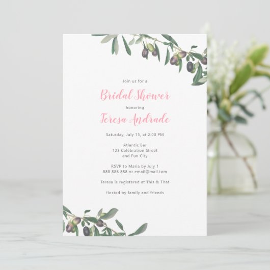 オリーブの枝のブライダルシャワーの地中海のな植物 招待状 (スタンド正面)