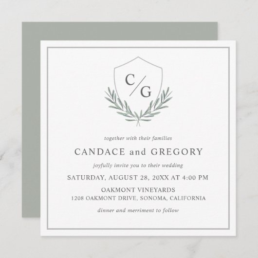 オリーブの枝のモノグラムクレスト結婚式 招待状 (正面/裏面)