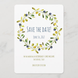 オリーブの枝の水彩画 Save the Date カード