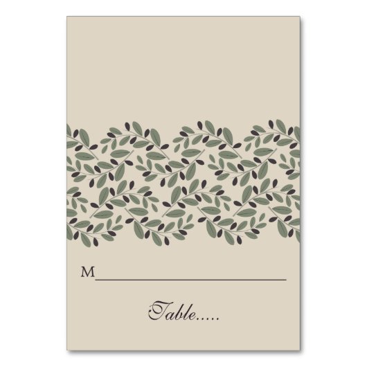 オリーブの枝の結婚ガーランドの折り畳まれた護衛カード テーブルナンバー (正面)