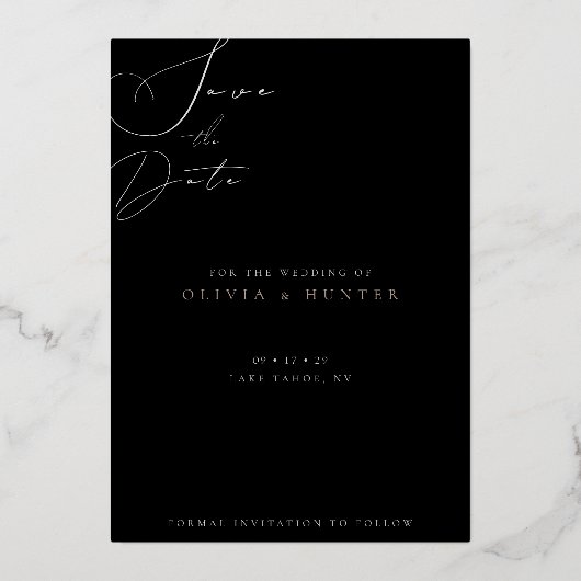 オリーブの枝の結婚式の日付を保存する白黒 箔招待状 (裏面)