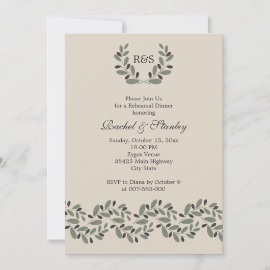 オリーブの枝の花冠 結婚式のリハーサルディナー 招待状 (正面)