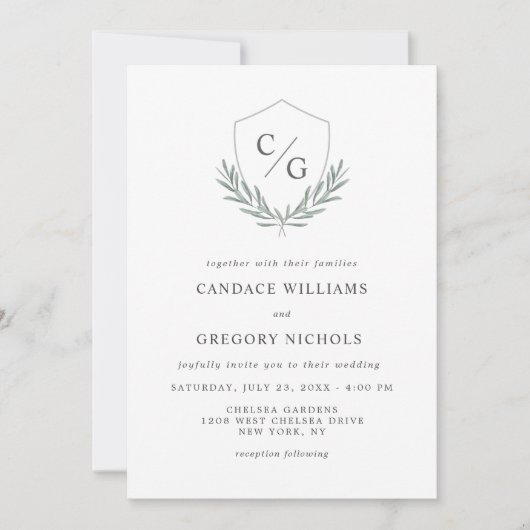 オリーブの枝を持つモノグラム結婚の紋章 招待状 (正面)