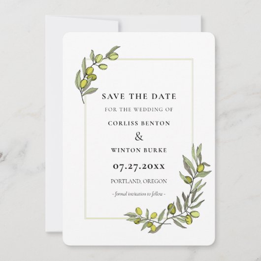 オリーブの枝フレーム日付を保存招待状 招待状 (正面)