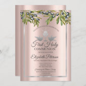オリーブの枝 ローズゴールドの初めての聖体拝領 招待状 (正面/裏面)