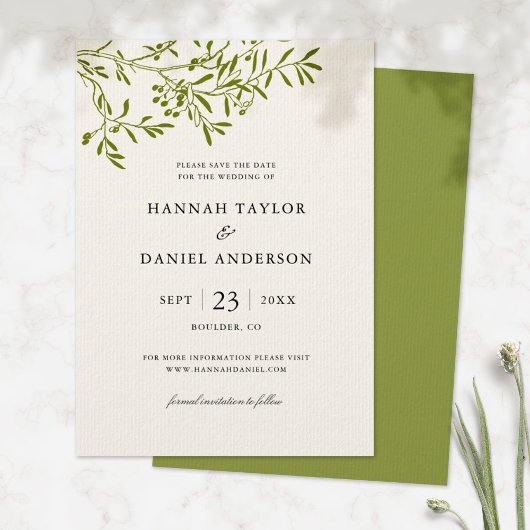 オリーブの枝 Save the Date カード | アイボリー
