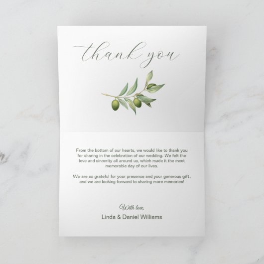 オリーブの水彩クラフトスタイルの結婚式の感謝カード サンキューカード (内部)