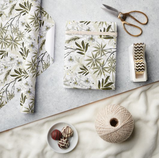 オリーブの熱帯の花と白い離れラン ラッピングペーパー (クラフト)