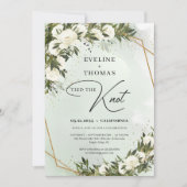 オリーブの緑の白いバラの金ゴールドは結び目をフレーム 招待状 (正面)