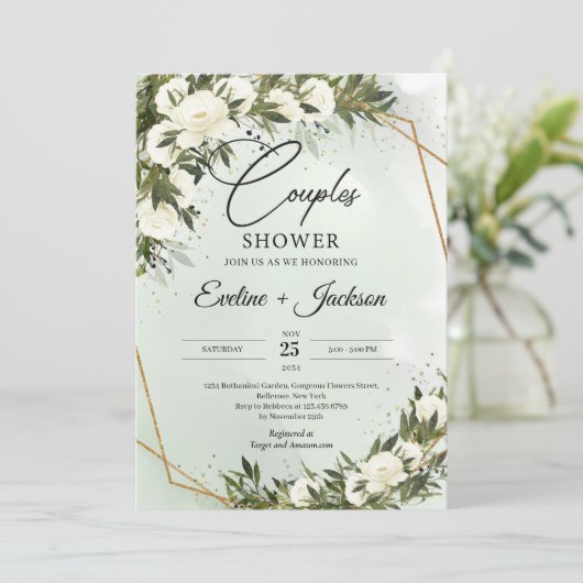 オリーブの緑の白いバラの金ゴールドフレームカップル 招待状 (スタンド正面)