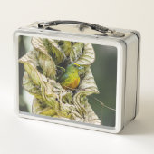 オリーブの背中のユーフォニア、野生動物の鳥の写真 メタルランチボックス (裏面)
