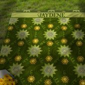 オリーブの色合い緑の幾何学的な花 フリースブランケット