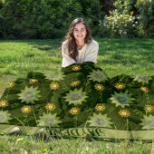 オリーブの色合い緑の幾何学的な花 フリースブランケット