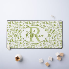 オリーブの葉のモノグラム カスタム Sage Green Rich デスクマット