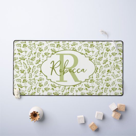 オリーブの葉のモノグラム カスタム Sage Green Rich デスクマット (キッズテーブル)