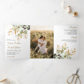 オリーブの葉の枝のグリーンゴールドの写真の結婚式 三つ折り招待状 (内部)
