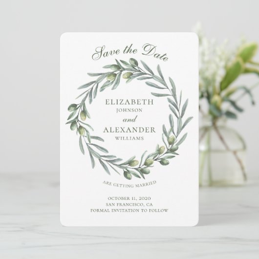 オリーブの葉の花冠。イタリアンウェディングの結婚式予告 招待状 (スタンド正面)