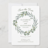 オリーブの葉の花輪。イタリアンウェディング・セーブ・ザ・デート 招待状 (正面)