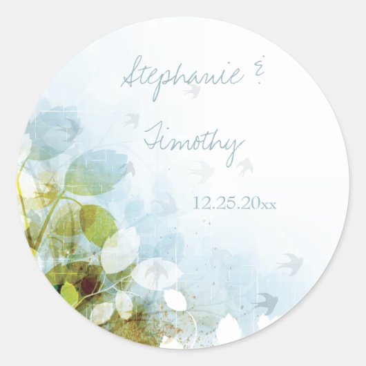 オリーブの葉の青い鳥の結婚式用シール ラウンドシール (正面)