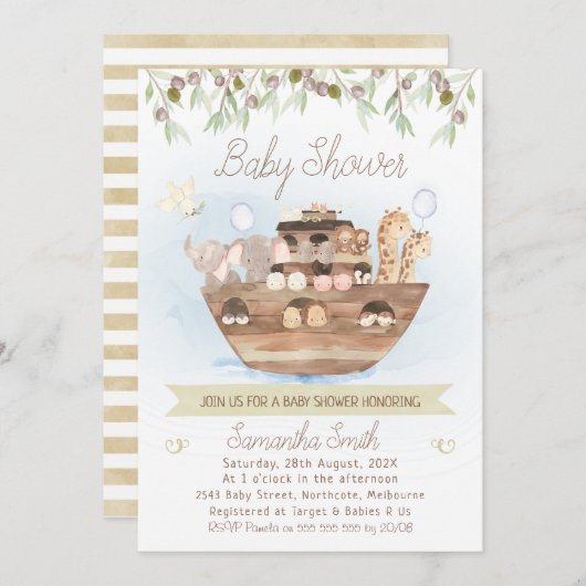 オリーブの葉ノアの箱舟の男の子の赤ちゃんシャワー 招待状 (正面/裏面)