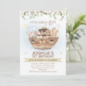 オリーブの葉ノアの箱舟の男の子1歳の誕生日 招待状 (スタンド正面)