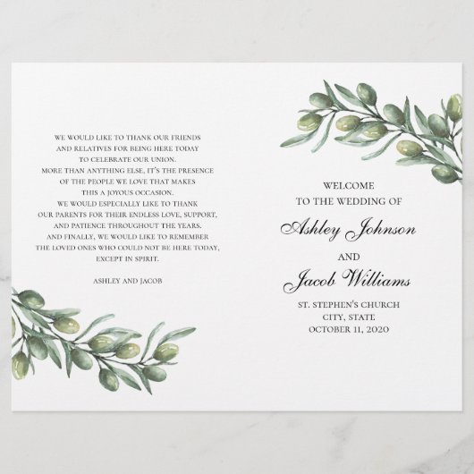 オリーブの葉。イタリアンウェディングプログラム折り (正面)