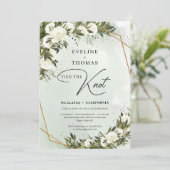 オリーブの葉 緑 白いバラ 金のフレーム 結び目 招待状 (スタンド正面)