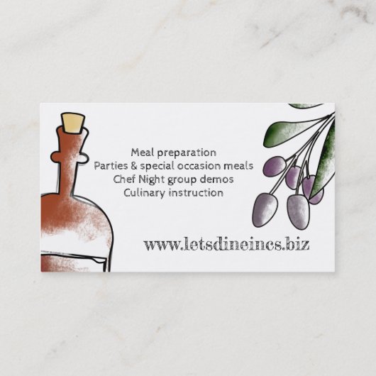オリーブの酢のボトルのシェフのケイタリングビジネスカード 名刺 (裏面)