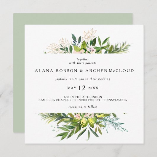 オリーブエレガントグリーナリースクエア結婚式招待状 招待状 (正面/裏面)