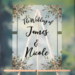 オリーブエレガントグリーンとホワイトフローラの結婚サイン アクリルサイン