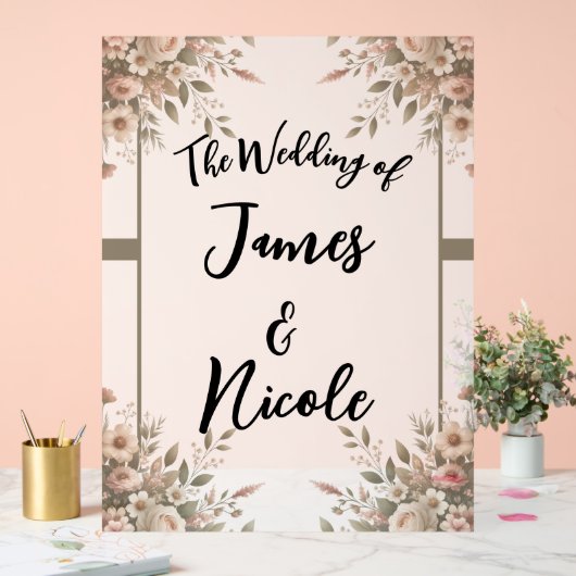 オリーブエレガントグリーンとホワイトフローラの結婚サイン アクリルサイン (ウェディング)