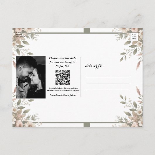 オリーブエレガントグリーンとホワイトフローラ日付の保存 案内ポストカード (裏面)