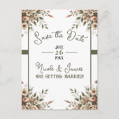 オリーブエレガントグリーンとホワイトフローラ日付の保存 案内ポストカード (正面)