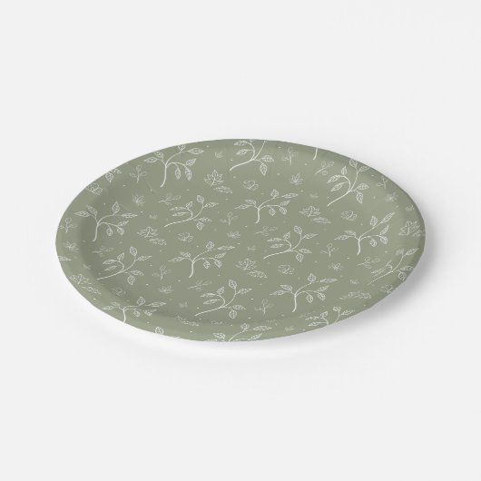 オリーブエレガントグリーンの植物花柄 ペーパープレート (アングル)