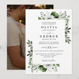 オリーブエレガントグリーン植物性フローラ結婚写真 招待状