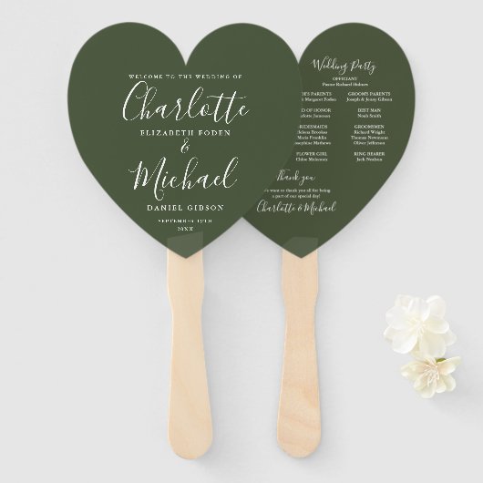 オリーブエレガントグリーン結婚式 プログラムハート ハンドファン (正面&裏面)