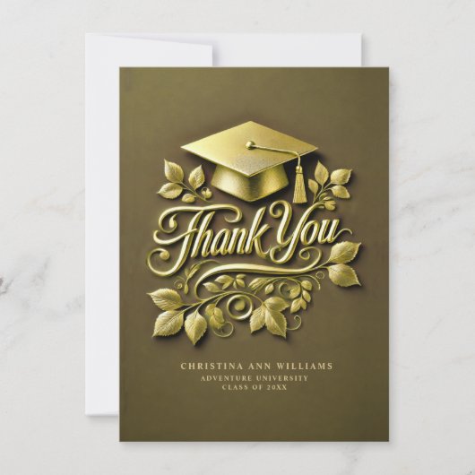 オリーブエレガントグリーン金ゴールドグラッドキャップリーフ卒業 サンキューカード (正面)