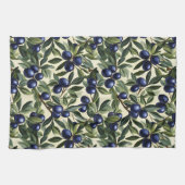 オリーブエレガントブランチパターン深いブルーオリーブ キッチンタオル (横)