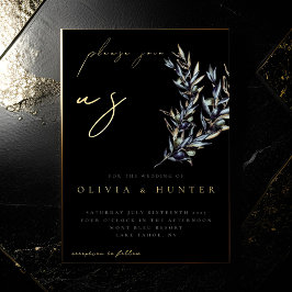 オリーブエレガントブランチブラック&金ゴールド結婚ズ 箔招待状