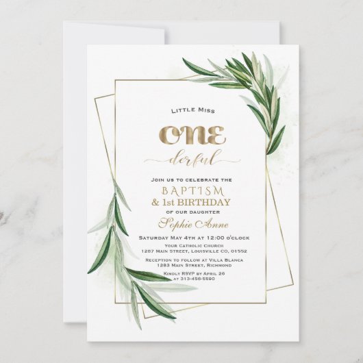 オリーブエレガントブランチ最初の誕生日&バプテスマ 招待状 (正面)
