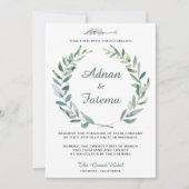 オリーブエレガントブランチ水カラーイスラム結婚ズ 招待状 (正面)