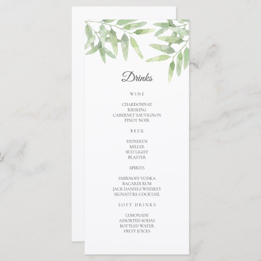 オリーブエレガントブランチ。シンプルの結婚バー メニュー (正面/裏面)